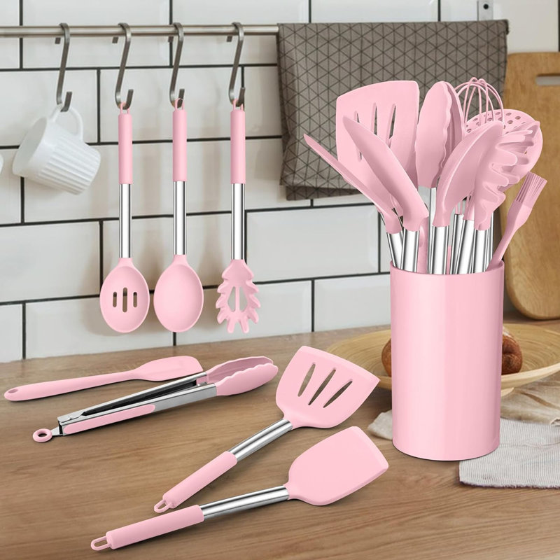 14 Pcs Silicone Cooking Utensil Set,stainless Steel Kitchen Utensils Set,non-stick Heat Resistant,pink
