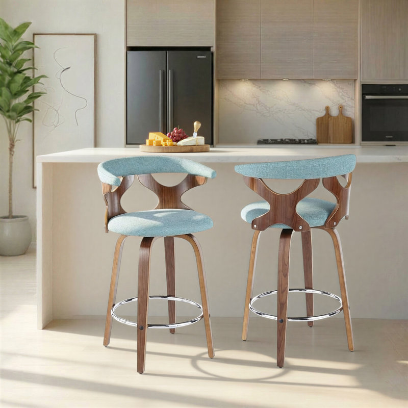 Tabouret de comptoir pivotant 25 po Arabelle, Tissu bleu sarcelle / structure en noyer