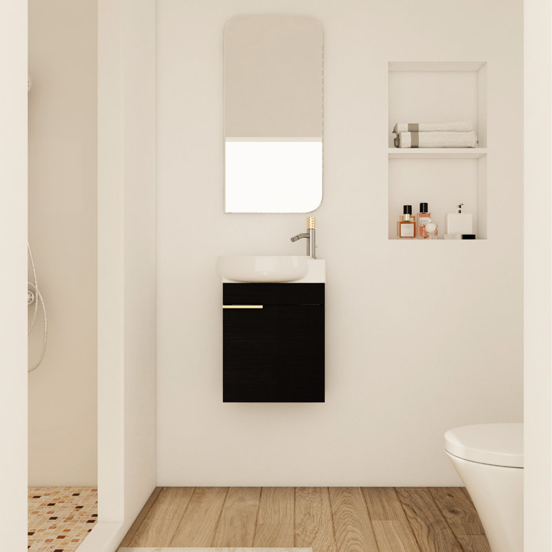 Meuble-lavabo de salle de bain avec charnières à fermeture en douceur - 16 pouces pour les petites salles de bain Finition moderne en châtaignier noir Finition des espaces de la porte de fermeture
