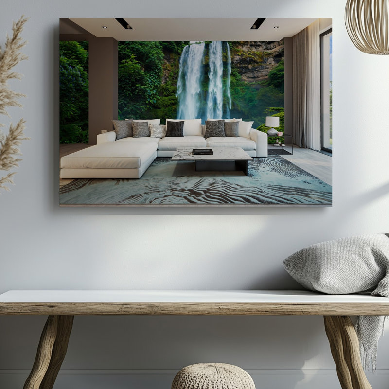 Toile d'un salon moderne avec un canapé modulaire en forme de L blanc, orné de divers coussins texturés sur toile