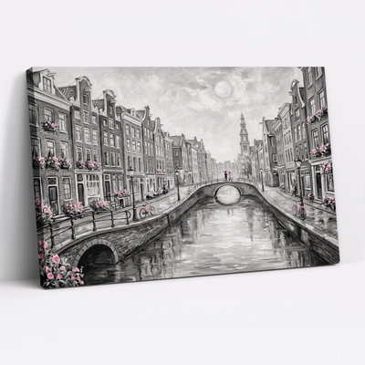 Tableau sur toile représentant un canal en noir et blanc avec des vélos roses et des fleurs