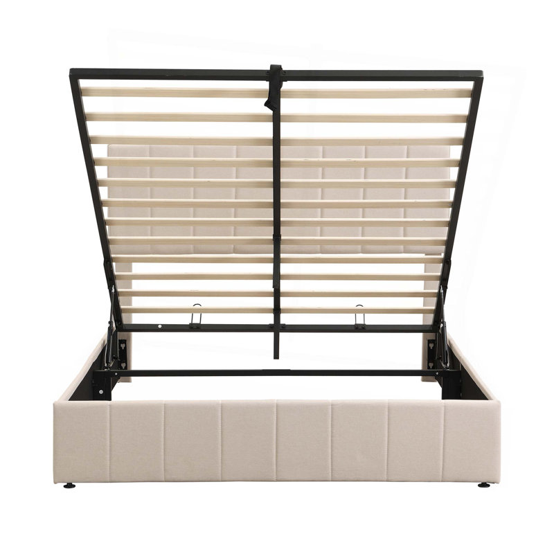 Lit plateforme tapissier avec système de rangement hydraulique, Beige, Grand lit