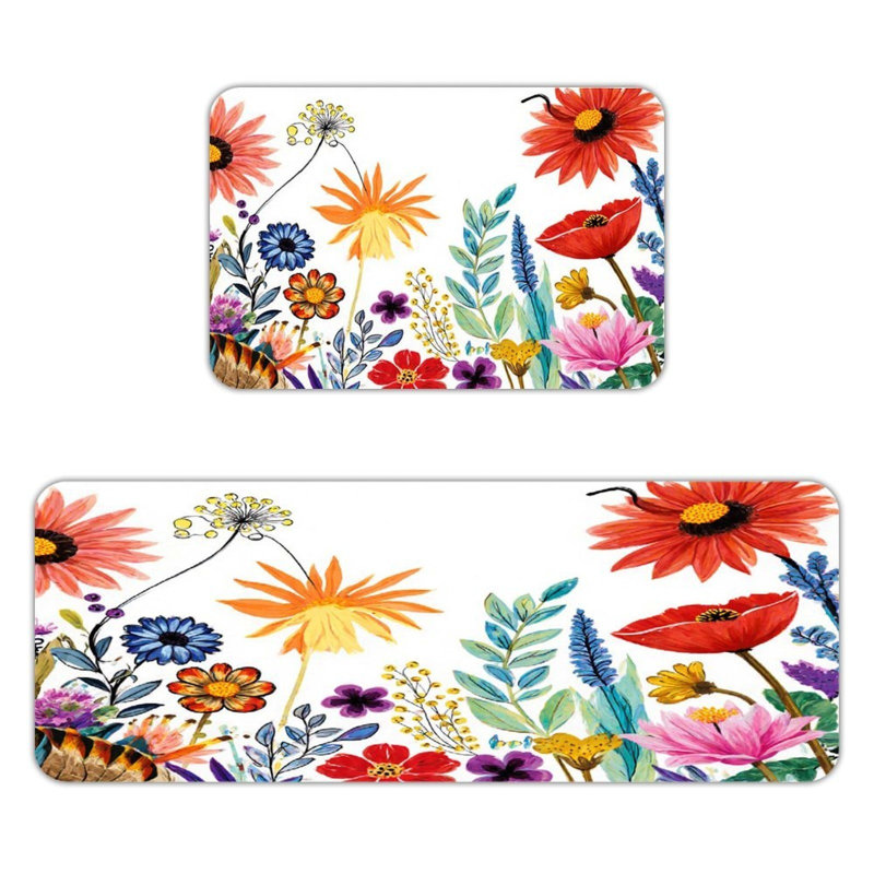 Ensemble de 2 tapis de cuisine vibrants et mélangés, Motif floral rouge