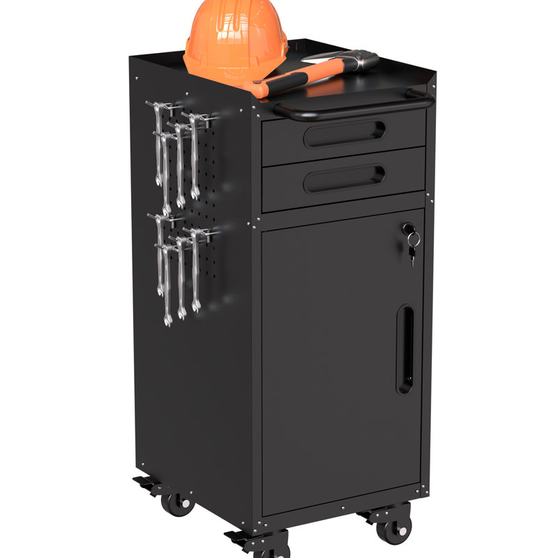 Armoire de rangement mince en métal de 34,3 po - Option d'espace pour le garage, avec armoire inférieure verrouillable, 2 tiroirs supérieurs et grande poignée, conception moderne, organisateur roulant étroit à finition noire, idéal pour les espaces restreints