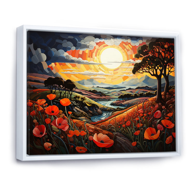 «Countryside Red Poppy Field IV», reproduction d'art sur toile, 34" H x 44" W, Cadre flottant blanc