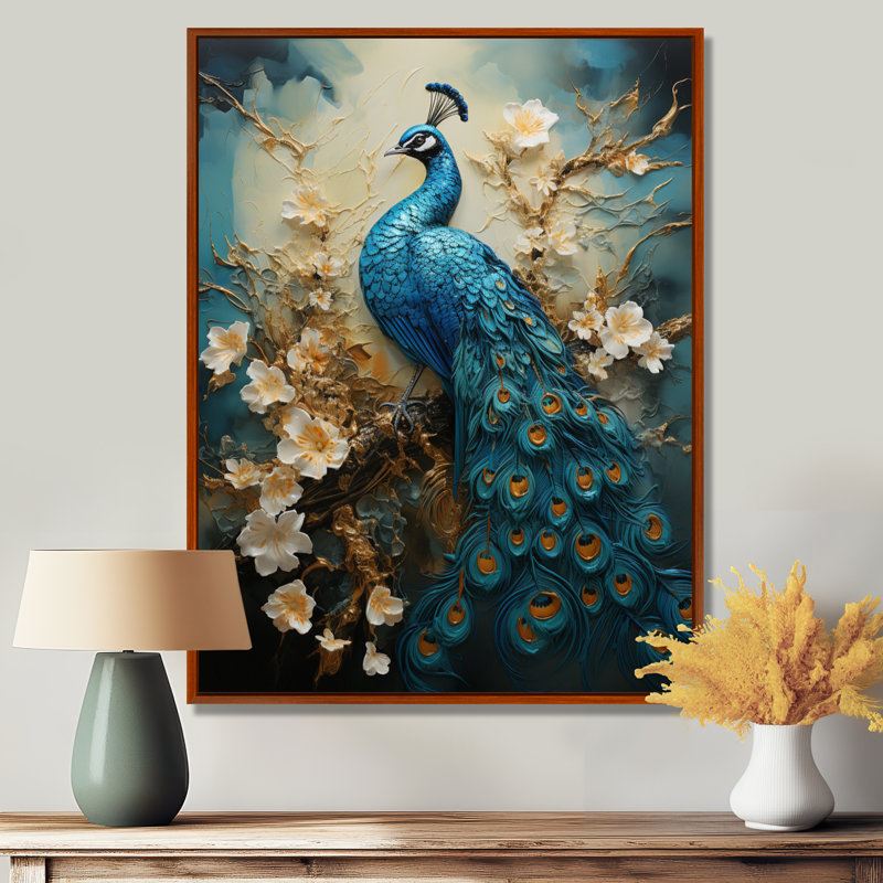 Illustration encaustique de paon d'Yvens II - paon, art mural, H 44 po x l 34 po, Cadre flottant brun