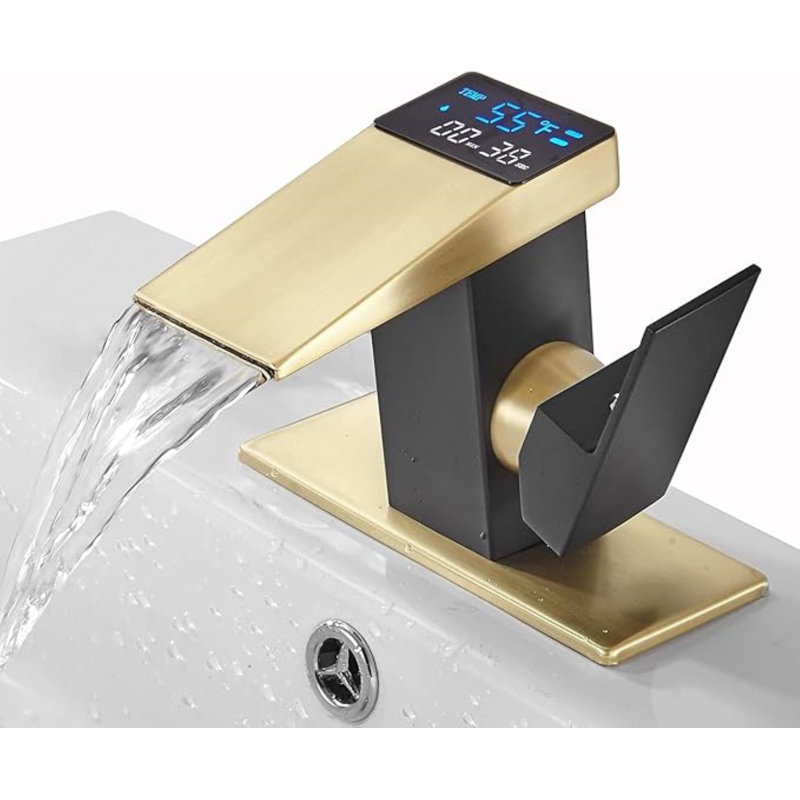 LED Light Bathroom Faucet One Hole Waterfall Temperature Display Hydraulic Power Single Handle Faucet, Waterfall Faucet for Bathroom Sink Mount
