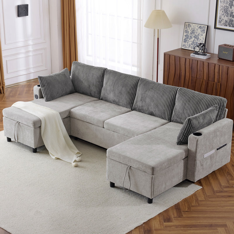 113.4" Sectional Sofa Pull-Out Sofa Bed Versatile Sofa Sleeper With Large Storage Space, Two Usb Ports And Two Cup Holders For Living Room