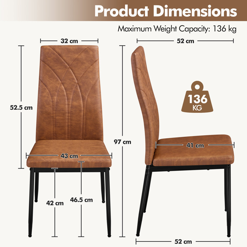 Faux Leather Modern High-backed Dining Chairs with Metal Legs, Retro Brown