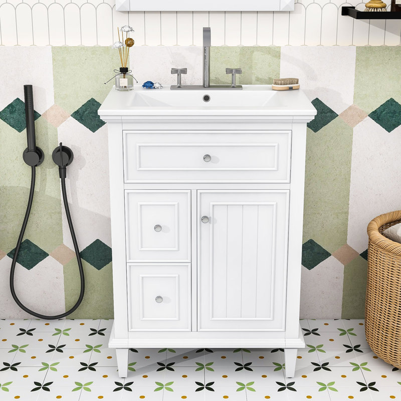Meuble-lavabo simple contemporain en bois avec lavabo en céramique, tablette réglable et tiroirs de rangement, Blanc