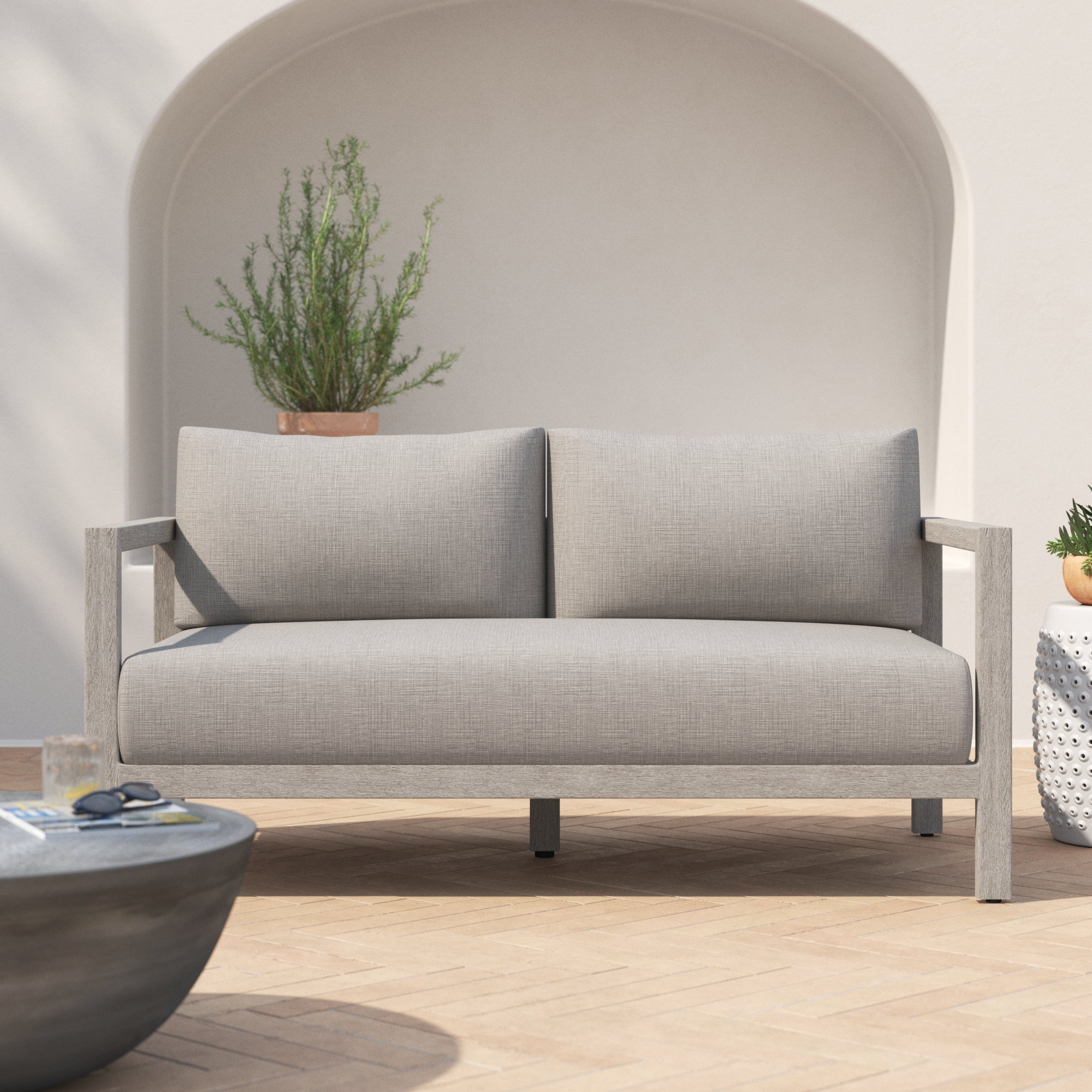 Cavani 59.75'' Wide Teak Loveseat with Cushions, Stone Gray, Weathered Gray