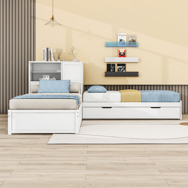 Lit plateforme simple et simple en bois avec lit gigogne, tablettes et 2 tiroirs, Blanc