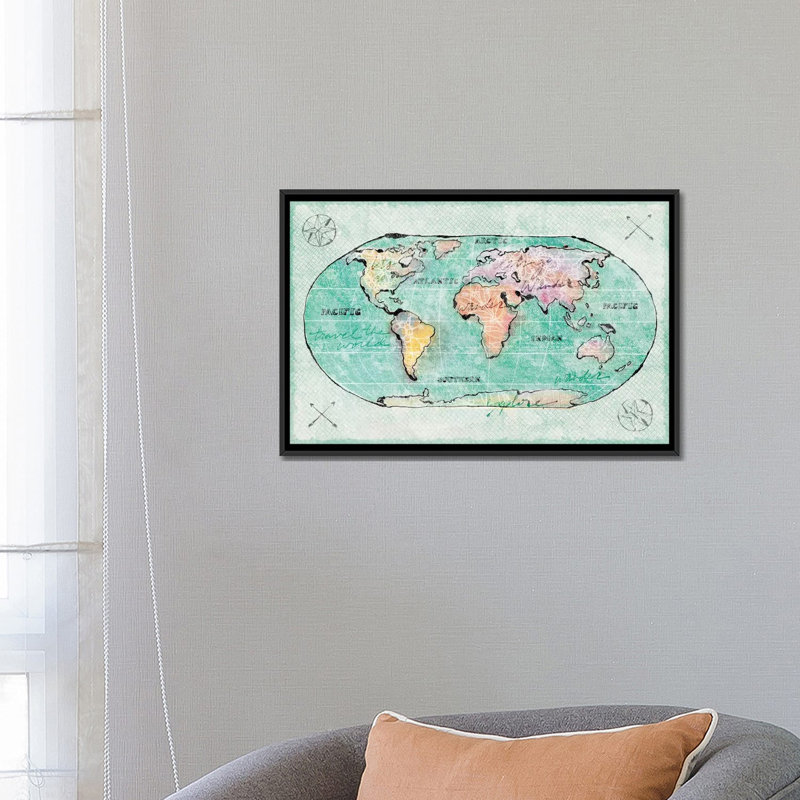 « shorelines mapped », impression sur toile tendue, H 18 po x l 26 po x P 1,5 po, Toile avec cadre noir, Pas de tapis