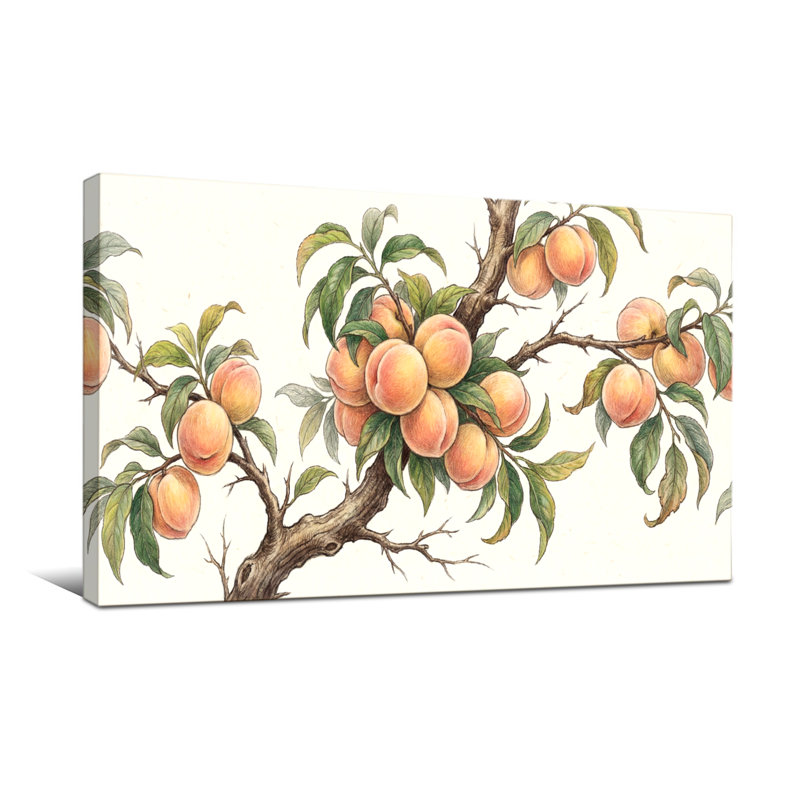 Plantes et fleurs - Branche de pêcher avec fruits et feuilles qui mûrissent, H 20 po x l 40 po