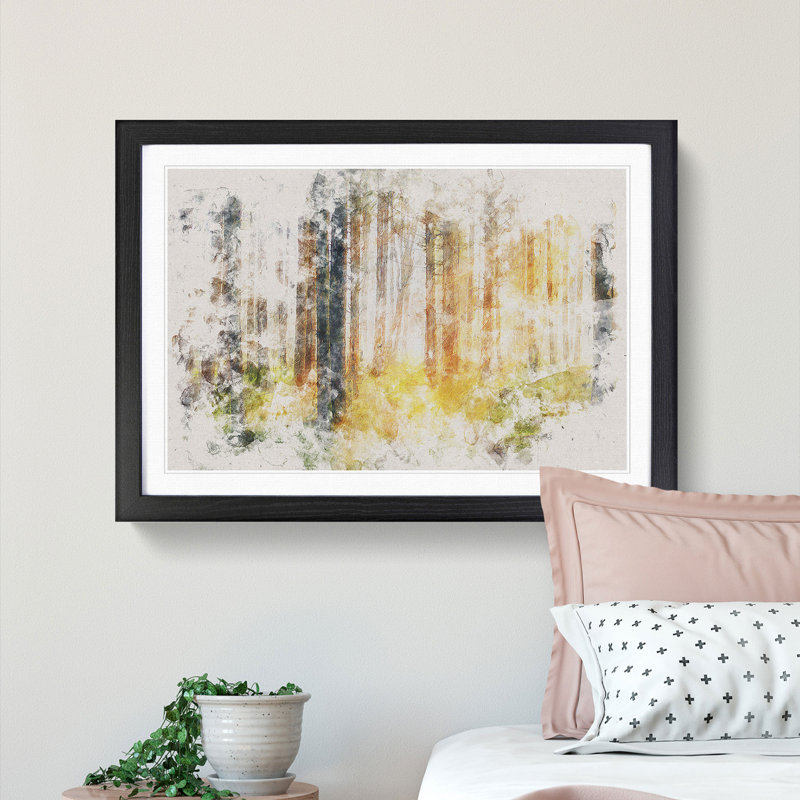 Rays of Light Through an Autumn Forest Watercolour - Picture Frame Graphic Art Print, 36cm H x 48cm W x 2cm D, Black Framed