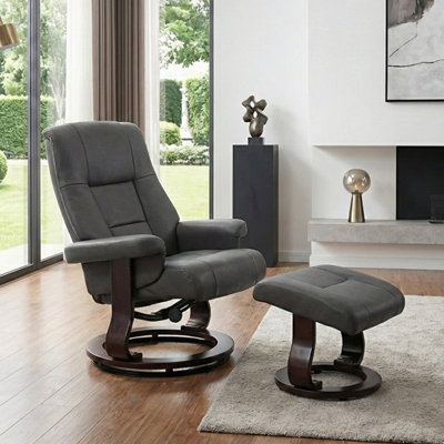 PU Swivel Recliner with Ottoman,Adjustable Reclining Chair with Solid Wood Base, for Office, Living