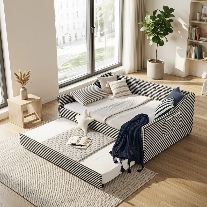 Lit de jour convertible double / double avec lit gigogne et rangement latéral, Noir, Full
