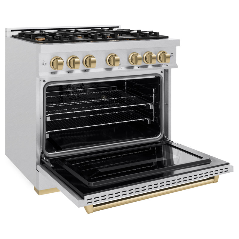 ZLINE Autograph Edition 36 in. 5.2 cu. ft. Classic Dual Fuel Range with 6 Burner Gas Cooktop and Electric Convection Oven in Satin Stainless Steel with Accents