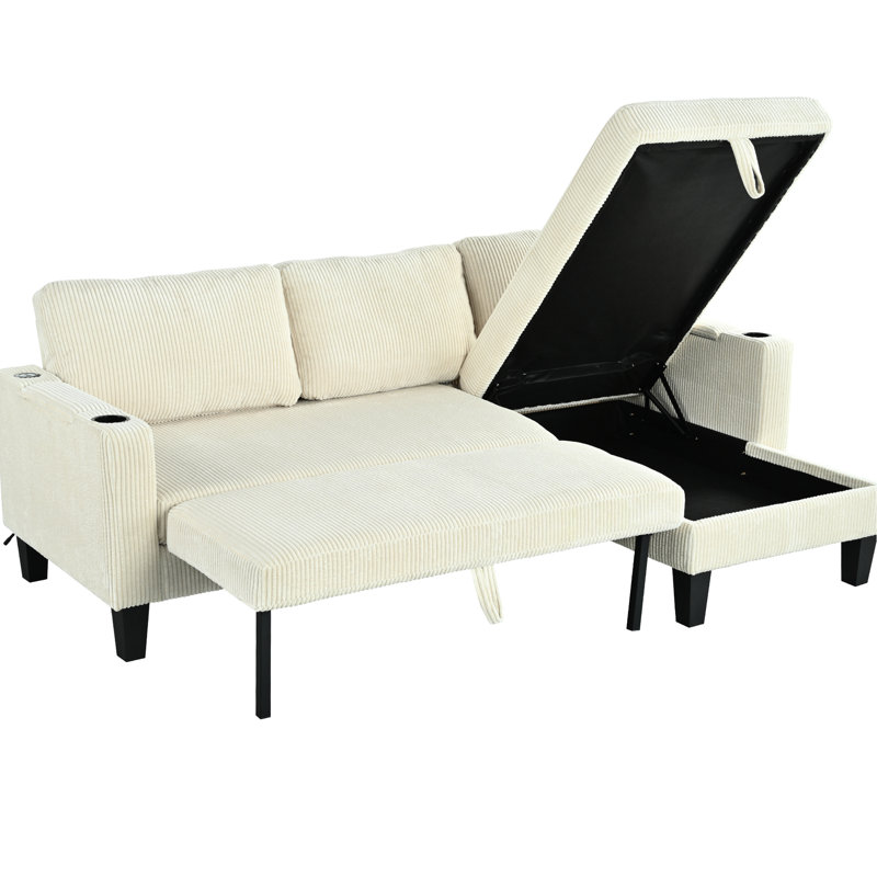 3 canapé-lit modulaire réversible en velours côtelé avec méridienne avec rangement, porte-gobelets sur les accoudoirs, ports, idéal pour le salon, la chambre à coucher, le bureau - beige, 84,92 po de profondeur, 50,78 de largeur, 33,81 hauteur, 112,34 lb