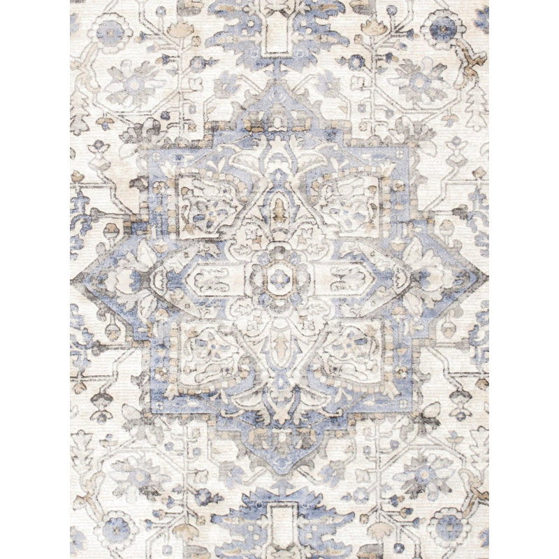 Tapis oriental en polyester tissé à la machine tissé à la machine / rectangulaire bleu marine / ivoire / beige 8 pi x 10 pi