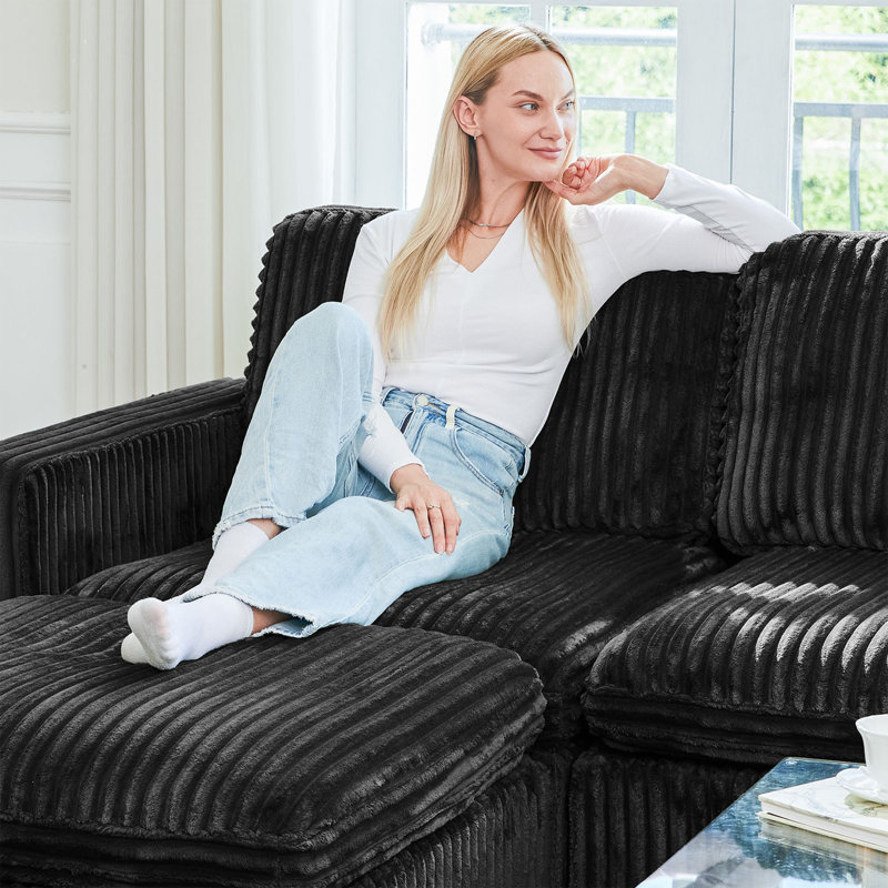 Oversized U Shaped Modular Corner Sectional Sofa With Storage Ottoman, Black Corduroy
