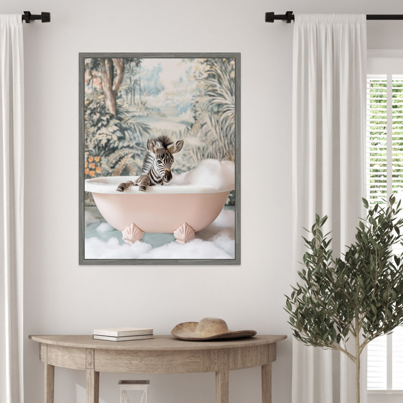 «Zebra Bath Time» par Hostetter, reproduction d'art sur toile encadrée, H 30 po x l 23 po