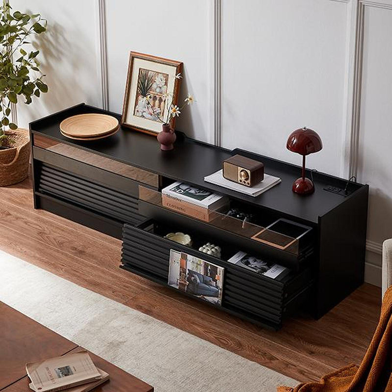 Mirod Modern TV Stand With Ample Storage,4 Drawer Design With Tempered Glass ,Built-In Charging Ports And Ambient LED Lighting ,Versatile For Any Decor Style