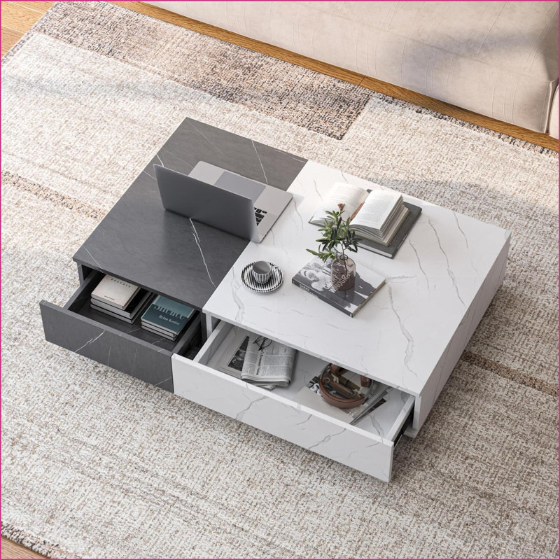 Noir moderne Table basse en marbre blanc avec deux espaces de rangement pour le salon, peu encombrant
