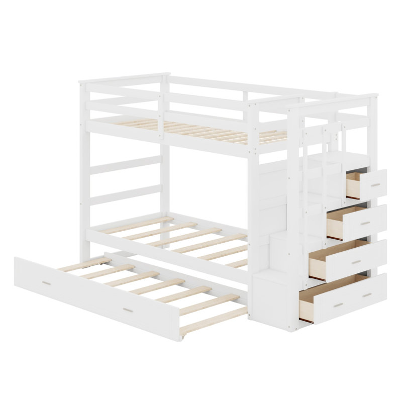 Structure de lit superposé pratique avec lit gigogne et escalier d'organisation, Blanc