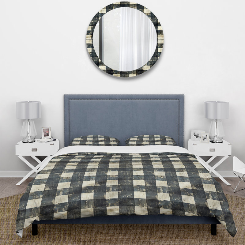Ensemble de housse de couette Mid-Century noir et gris Gingham III, Housse de couette très grand + 2 taies décorativ