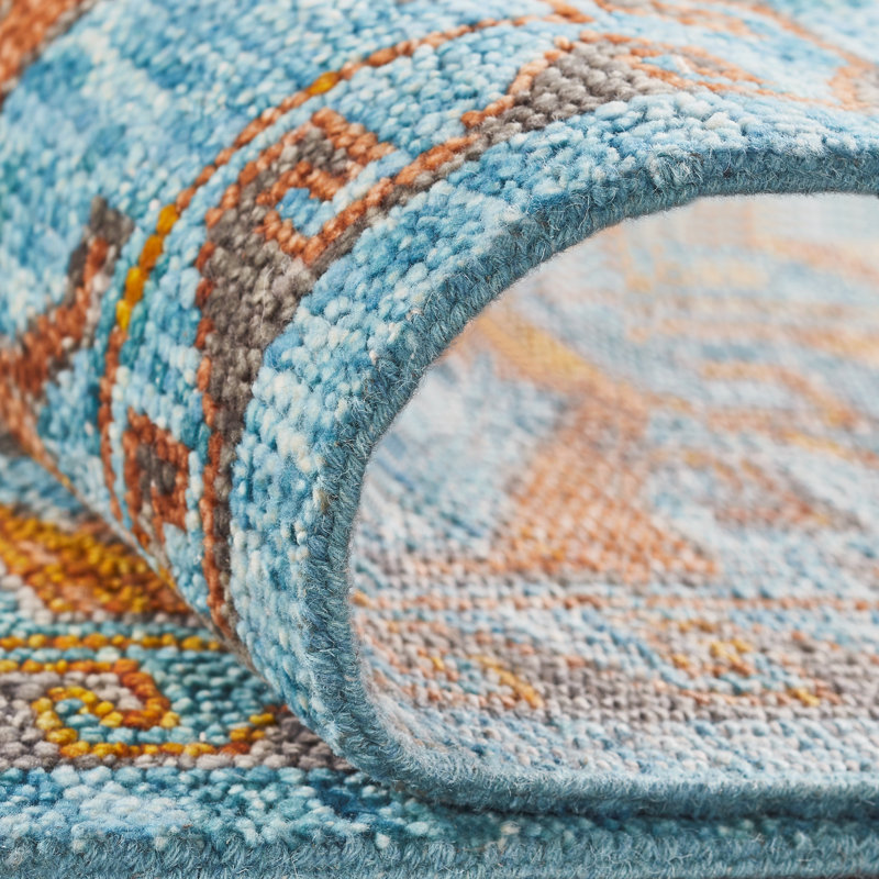 Tribal Elegance Orange/Rust/Grey Hand-Knotted Wool Area Rug, Rectangle 12' x 15', Blue