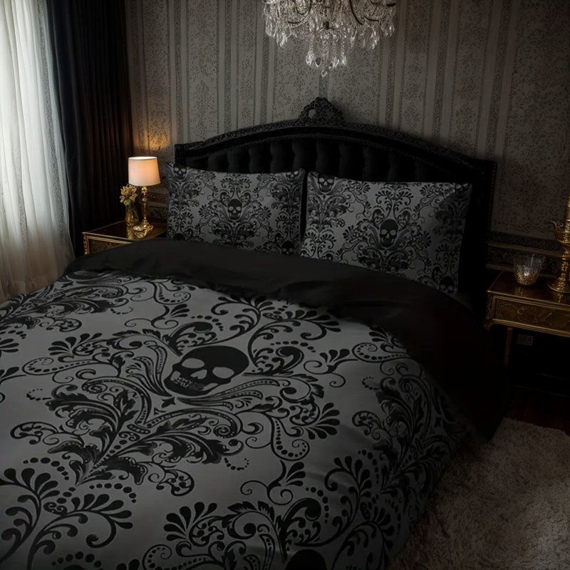 Gothic skull damask microfiber duvet cover set with 2 king pillowcases, black and gray reversible digital print, king, inserts not included