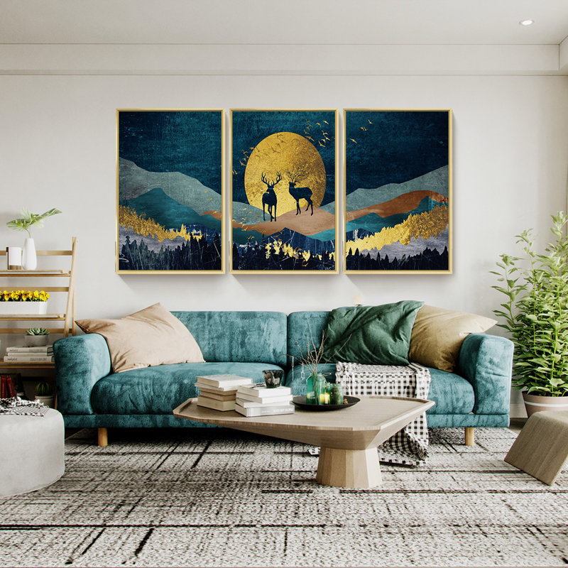 " Mountain " 3 - Pieces, 16.3" H x 36.3" W x 1.65" D, Gold Framed