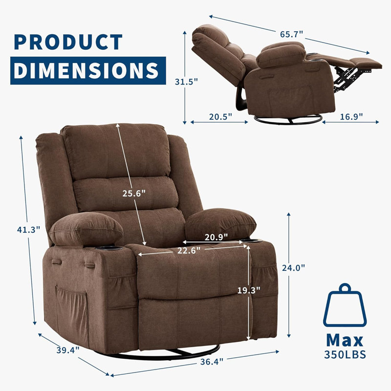 Oversized 360° Swivel Rocker Recliner Chair for Adults – Deep Seat Lounge with Cup Holders and Side Pockets – Upholstered Linen ,Brown