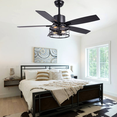 46 Inch Industrial Ceiling Fan with Light Modern Black Large Caged Ceiling Fans, DC Motor 6 Speeds Indoor Ceiling Fans