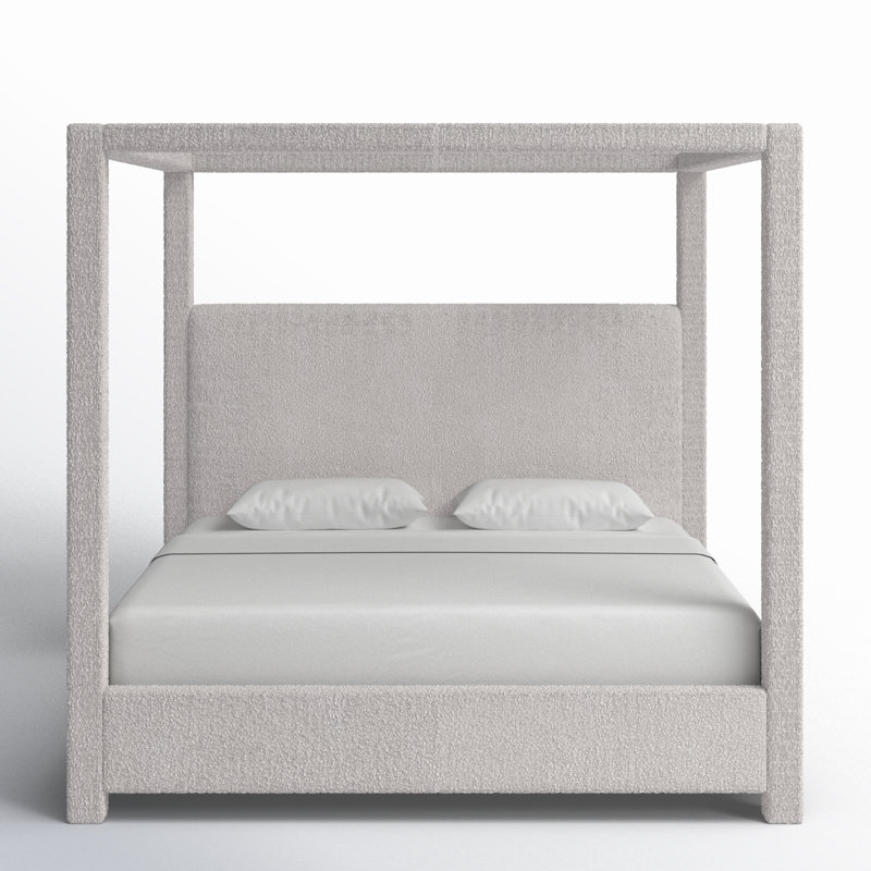 Upholstered Canopy Bed, King, Cream Boucle Fabric