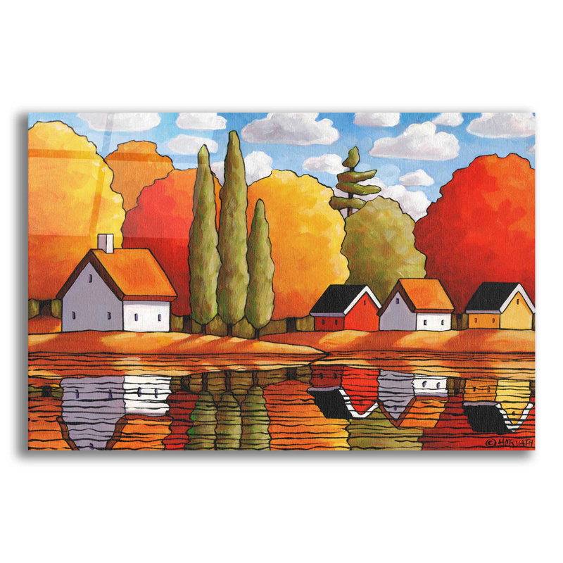«Fall Water Cabin Reflections» par Cathy Horvath-Buchanan - reproduction non encadrée, H 16 po x l 24 po x P 0,2 po