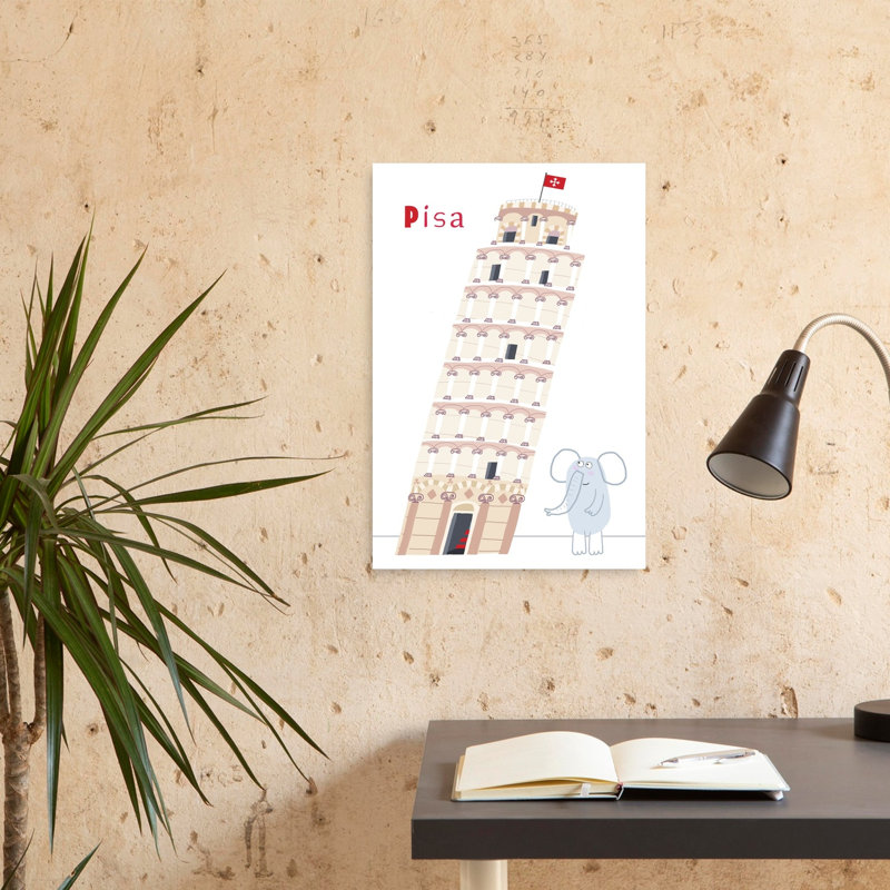 Pisa Tower Elephant Whimsical Contemporary Elephant Architecture Wall Art Print 1 Piece Wrapped Canvas Wall Art