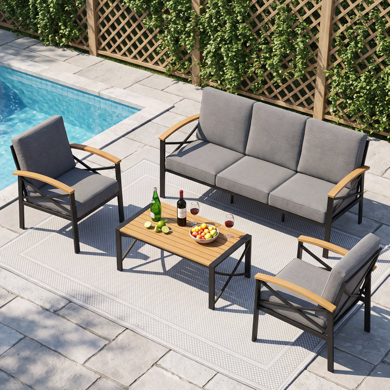 Ensemble de patio extérieur pour 5 personnes, ensemble de conversation extérieur avec coussins résistants aux intempéries, ensemble de mobilier de patio robuste en métal pour la cour arrière, la piscine