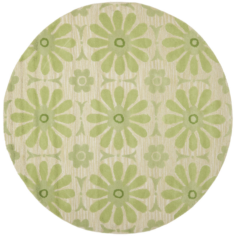 Tapis beige / vert en laine / coton crocheté à la main Claro, Rond 6 pi