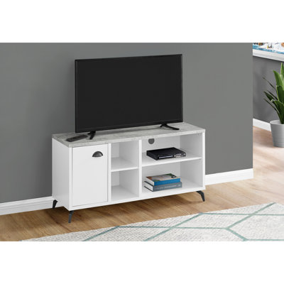 Meuble télé 48 po de style industriel, rangement en stratifié blanc et gris pour le salon et la chambre à coucher, meuble moderne en métal noir de 48 po, chambre à coucher avec stratifié, style industriel