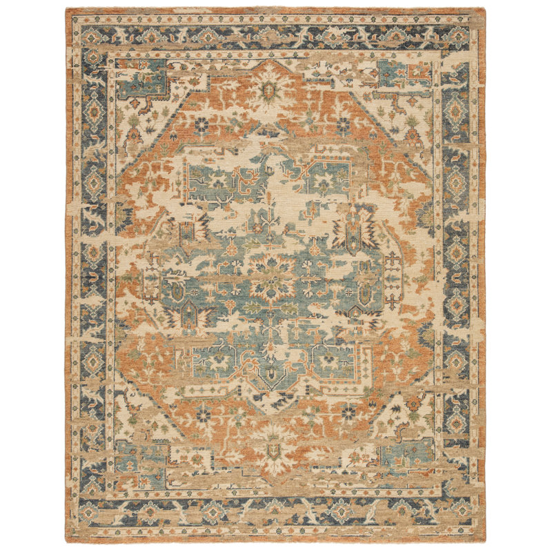 Tapis orange / bleu noué à la main Cortni, Rectangle 7 pi 9 po x 9 pi 9 po