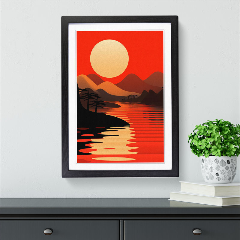 Japanese Sunset Constructivism No.2 - Single Picture Frame Print on Wood, Black, 46cm H x 34cm W x 2cm D