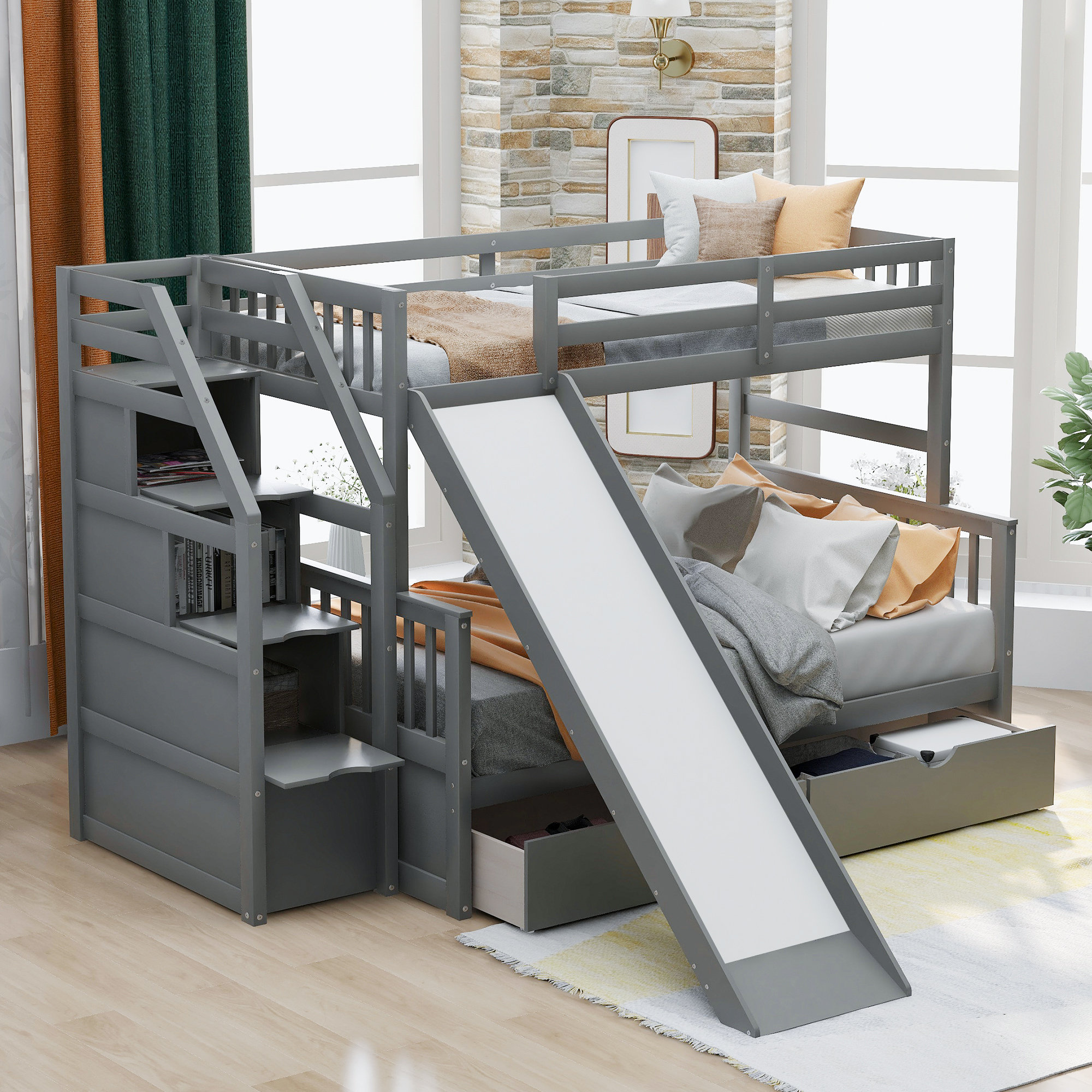 Latitude Run® Twin over Full Bunk Bed with Storage, Drawers and Slide ...
