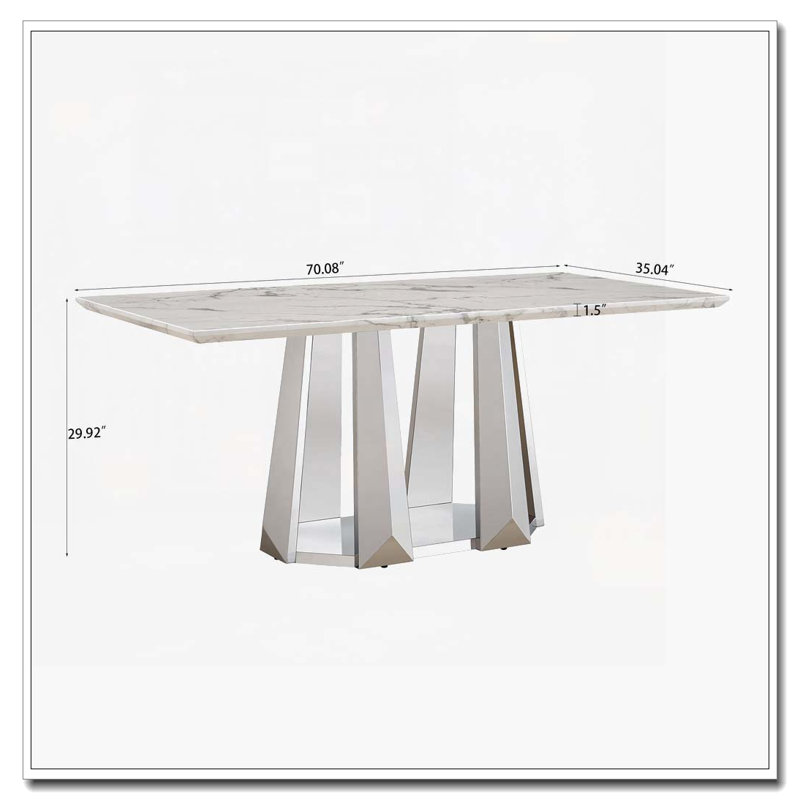 Table de salle à manger en faux marbre avec base en acier inoxydable, pour 6 personnes, Blanc, Argent argent