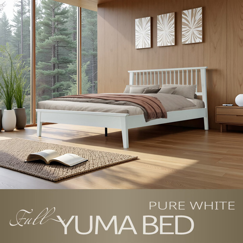 Yuma Full Size Bed Frame with Headboard & Footboard, Solid Wood Platform Bed, 12 Durable Slatted Base with Metal Legs, Anti-Slip & Noise-Free, Pure White Finish
