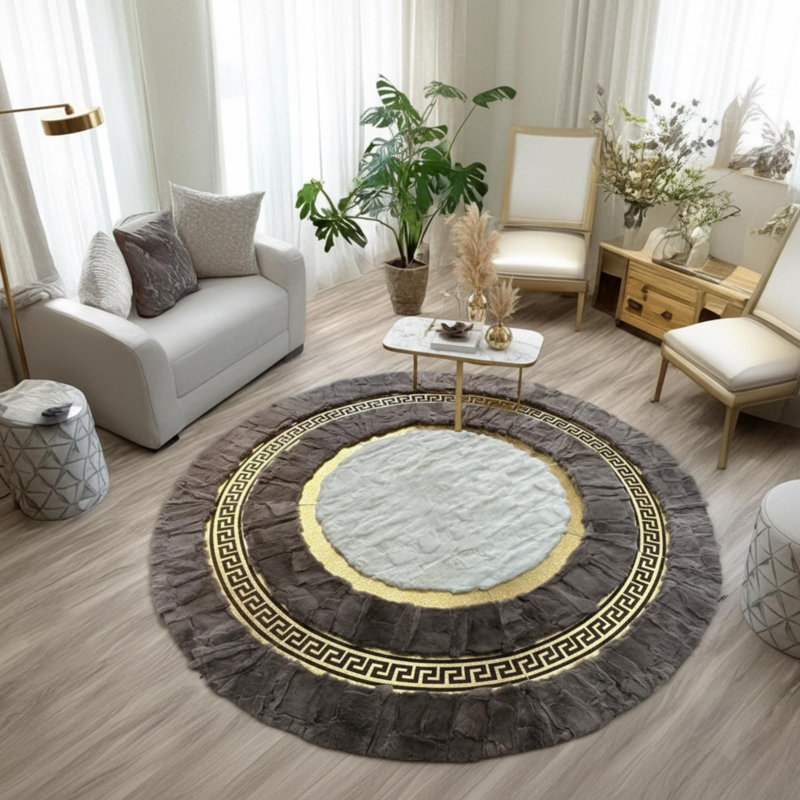Tapis rond brun et blanc en fourrure de lapin, Round 2'11" x 2'11"