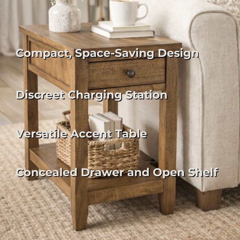 Sarcoline Solid Wood Chairside End Table With Charging Station, Natural