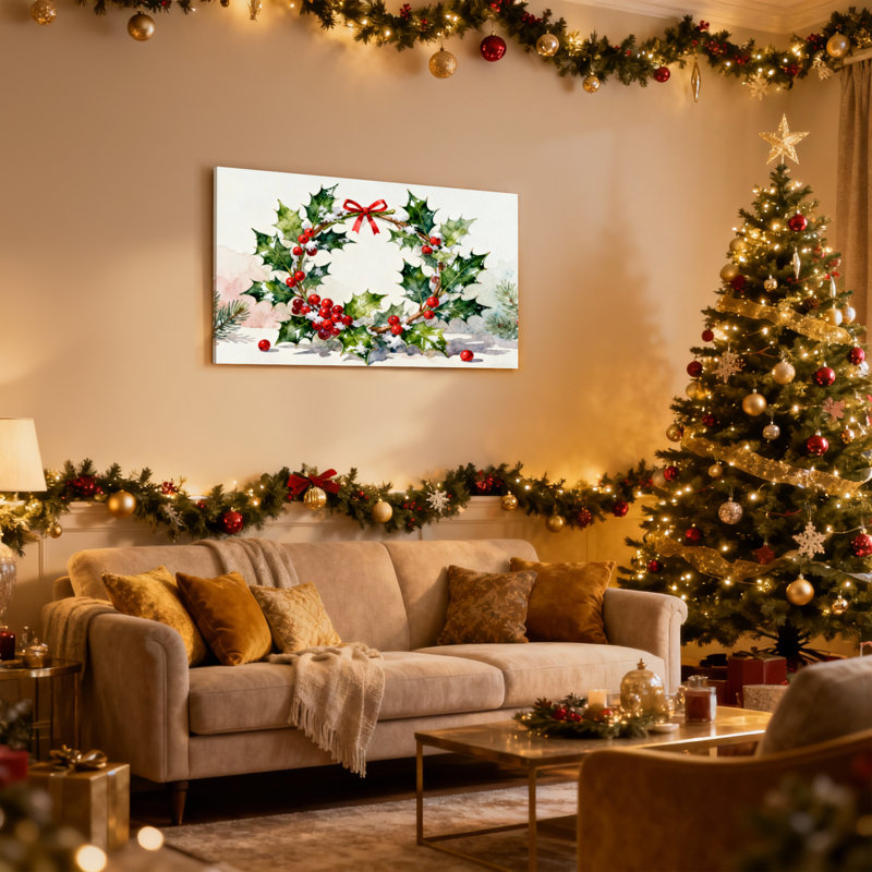 Couronne de houx de Noël avec baies rouges et arc, ensemble de 3 impressions sur toile, H 20 po x l 30 po