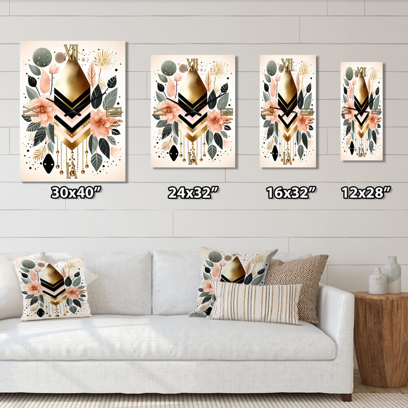 Boho Chic Floral géométrique rétro Illustration III - Très grandes horloges murales géométriques modernes, Médium